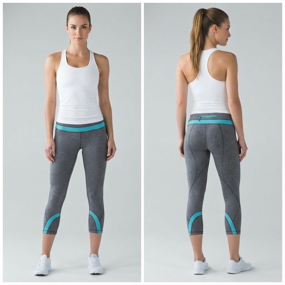 Lululemon‎ Run Inspire Crop II Gray Teal Heathered Running Yoga Leggings Size 6